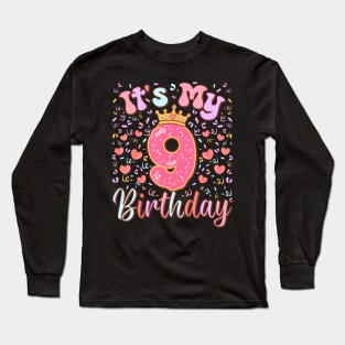 Its My 9Th Birthday Cake Donut 9 Years Old Confetti Kids Long Sleeve T-Shirt